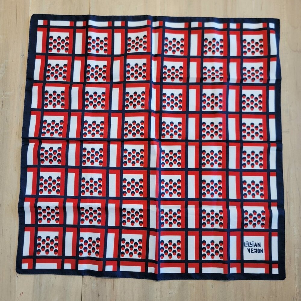 Vintage Lillian Vernon Logo Scarf 70s Wrap Mod‎ Red Blue Geometric Squares 19”